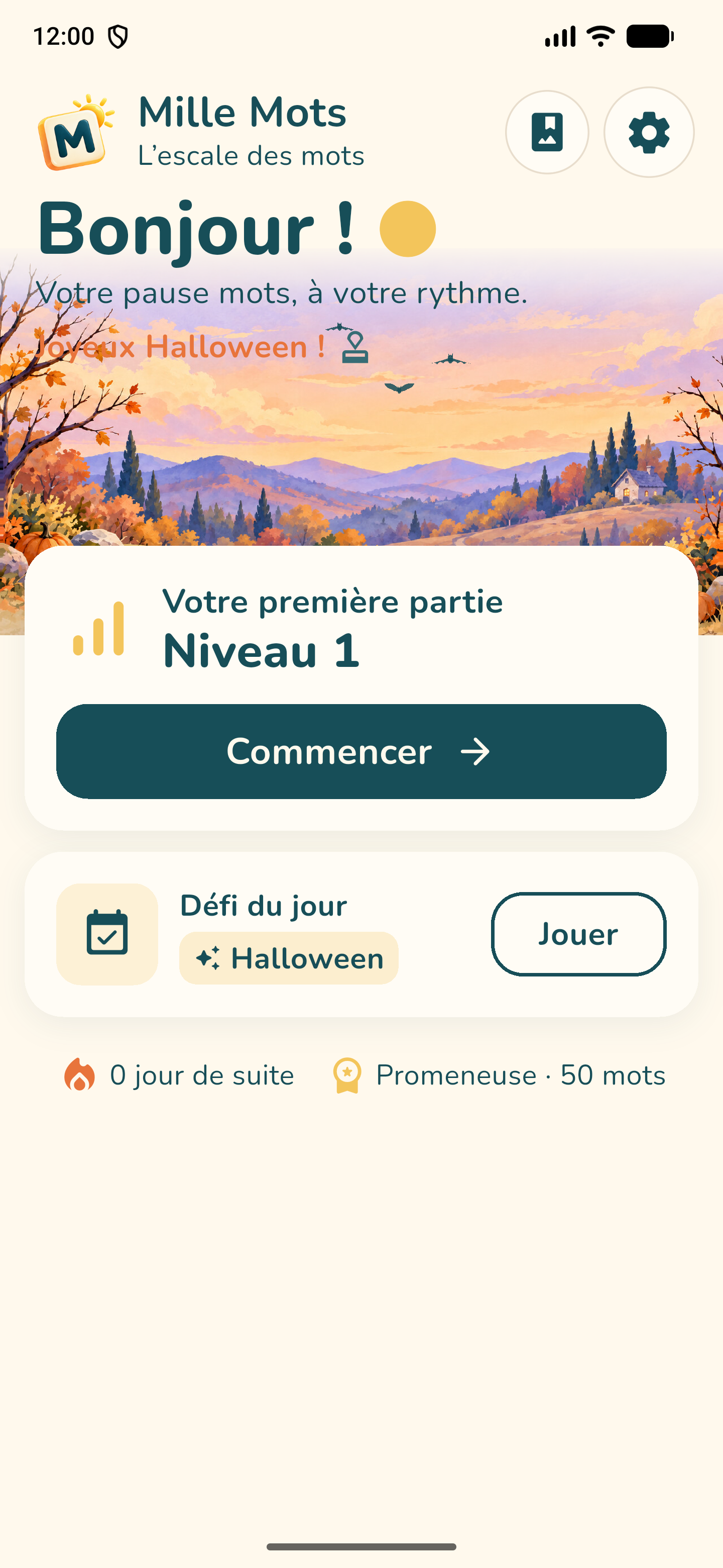 Écran d'accueil de Mille Mots